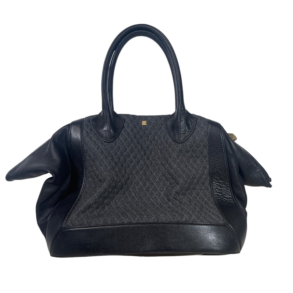 POUR LA VICTOIRE Satchel‎ Purse Handbag Black Quilted Wool Leather Designer